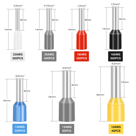 Nilight 1900PCS Wire Ferrule Terminals Kit AWG 22 20 18 16 14 12 10 Gauge Crimp Connectors Nylon Insulated Pin Cord End Insert Type for Single Double Electric