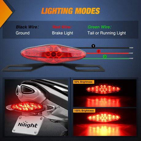 Nilight Motorcycle Tail Lights LED Brake Running Light with License Plate Bracket Dirt Bike Rear Lighting Compatible with Honda Yamaha Kawasaki Suzuki Chopper Turing Cruiser, Red