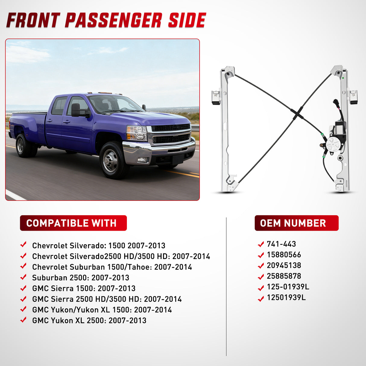 741-443 Power Window Regulator Front Passenger with Motor Compatible with Chevrolet Silverado 1500 2007-2013 Tahoe GMC Yukon Sierra 1500 2007 2008 2009 2010 2012 2013