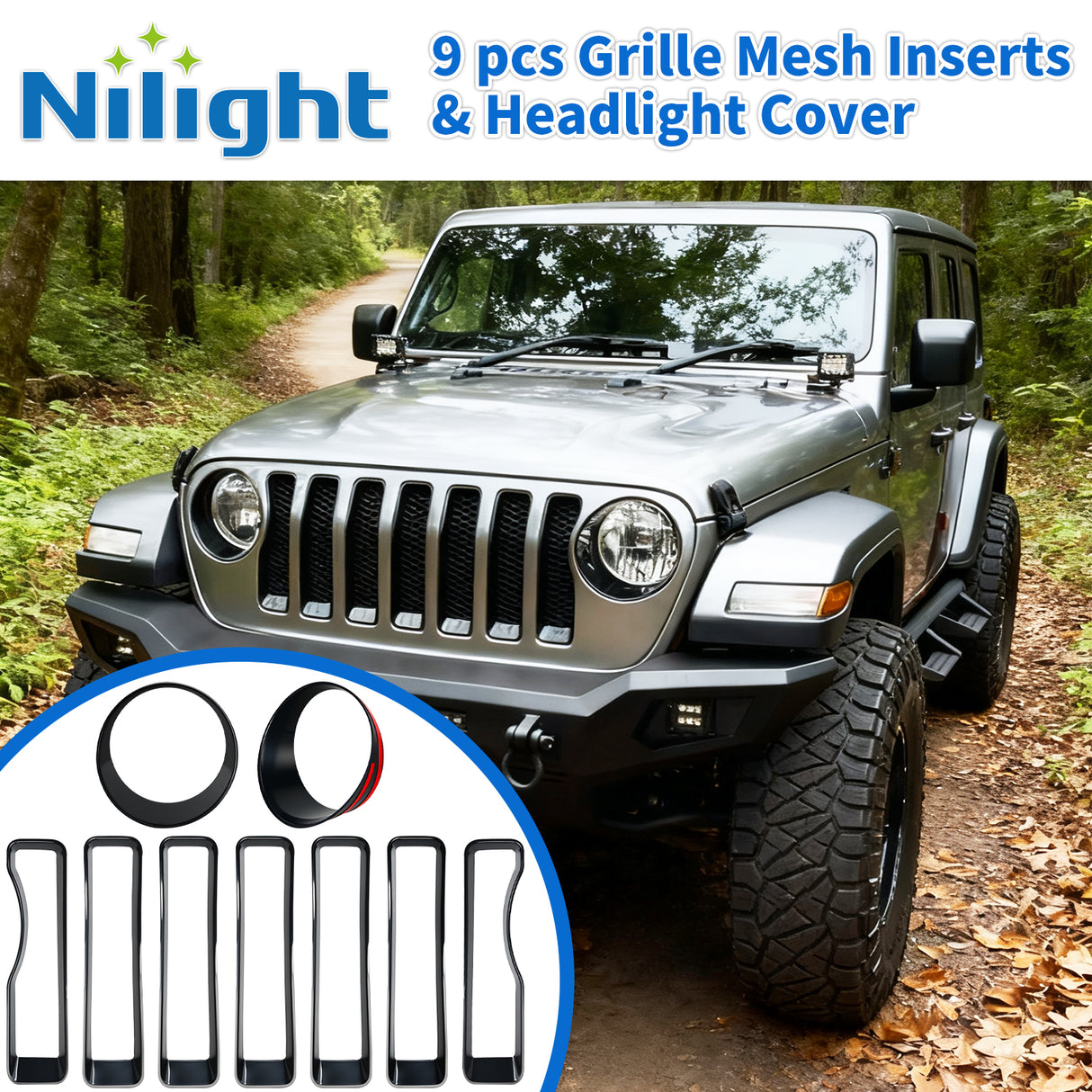 Grill Inserts fit for Jeep Wrangler Front Grille Inserts Headlight Cover Set for JL JLU Unlimited Sport SportS 2018 2019 2020 2021 2022 2023 Grille Bezels Trim Exterior