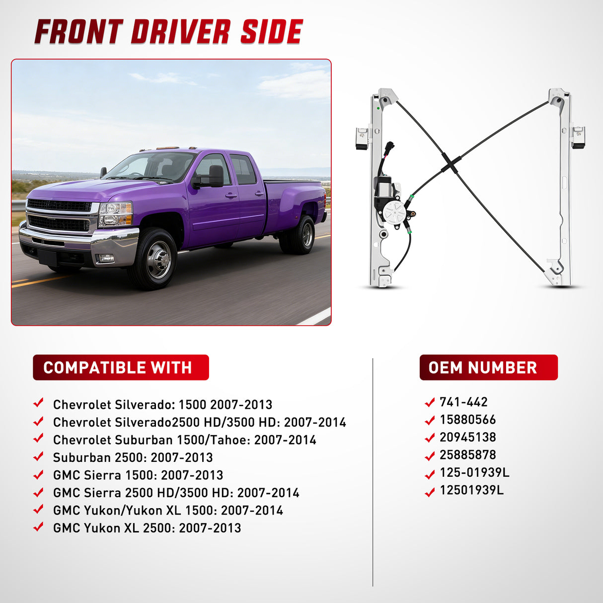 741-442 Power Window Regulator Front Driver Side with Motor Compatible with Chevrolet Silverado 1500 2007-2013 Tahoe GMC Yukon Sierra 1500 2007 2008 2009 2010 2012 2013