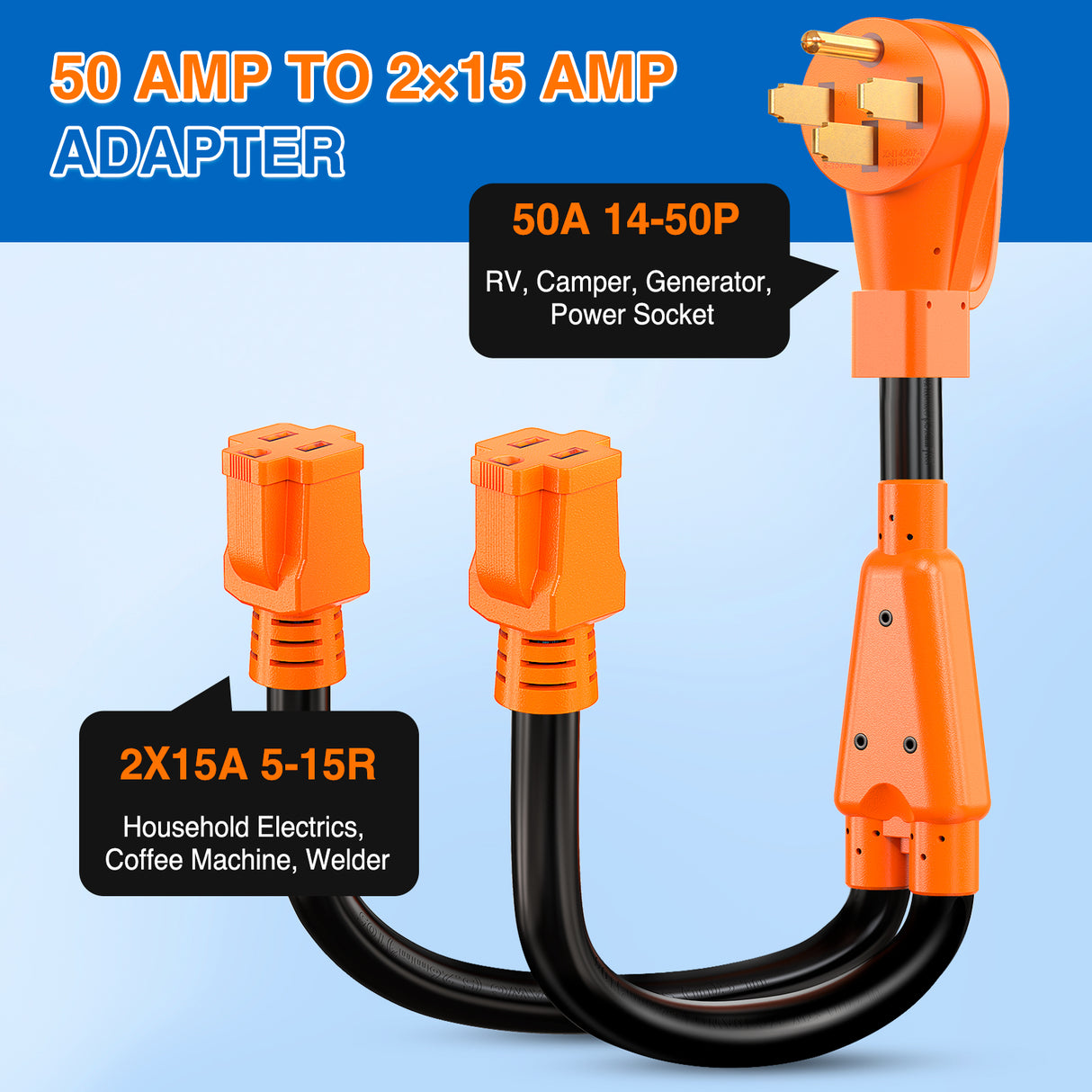 Nilight 50 Amp to 15 Amp RV Y Splitter Adapter Cord 50A Male Plug to Two 15A Female 125V Household Outlet NEMA 14-50P 5-15R Pure Copper STW 10 AWG Cable for RV Camper Generato