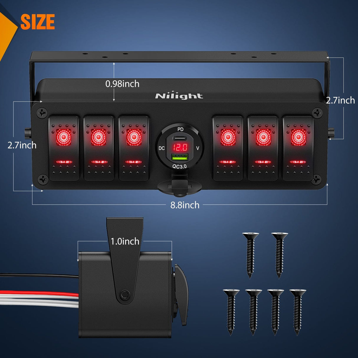 6Gang Aluminum ON/Off Rocker Switch Box w/ QC 3.0 Dual USB Charger Voltmeter with Red Backlit Nilight