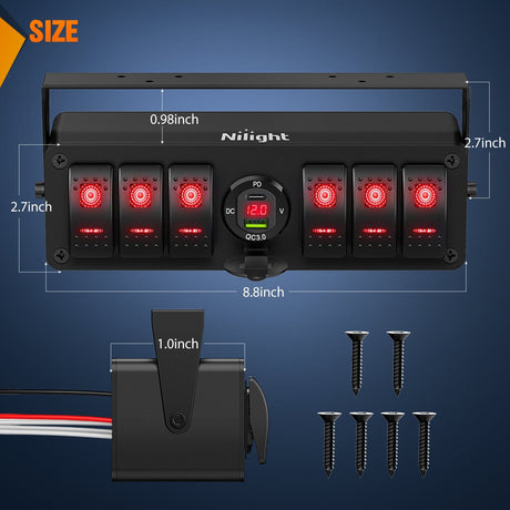 6Gang Aluminum ON/Off Rocker Switch Box w/ QC 3.0 Dual USB Charger Voltmeter with Red Backlit Nilight