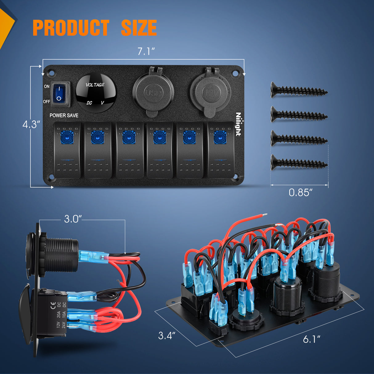 Nilight 6 Gang Rocker Switch Panel Waterproof Pre-Wired Aluminum Power Control Marine Panels with PD Type C and USB Cigarette Lighter Socket Voltmeter 12V 24V ON Off Switches for Car Trucks Boats RVs