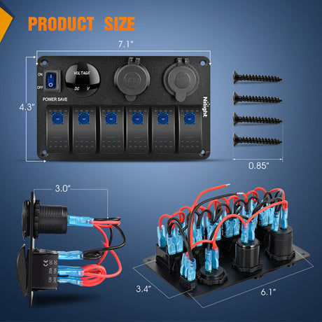 Nilight 6 Gang Rocker Switch Panel Waterproof Pre-Wired Aluminum Power Control Marine Panels with PD Type C and USB Cigarette Lighter Socket Voltmeter 12V 24V ON Off Switches for Car Trucks Boats RVs