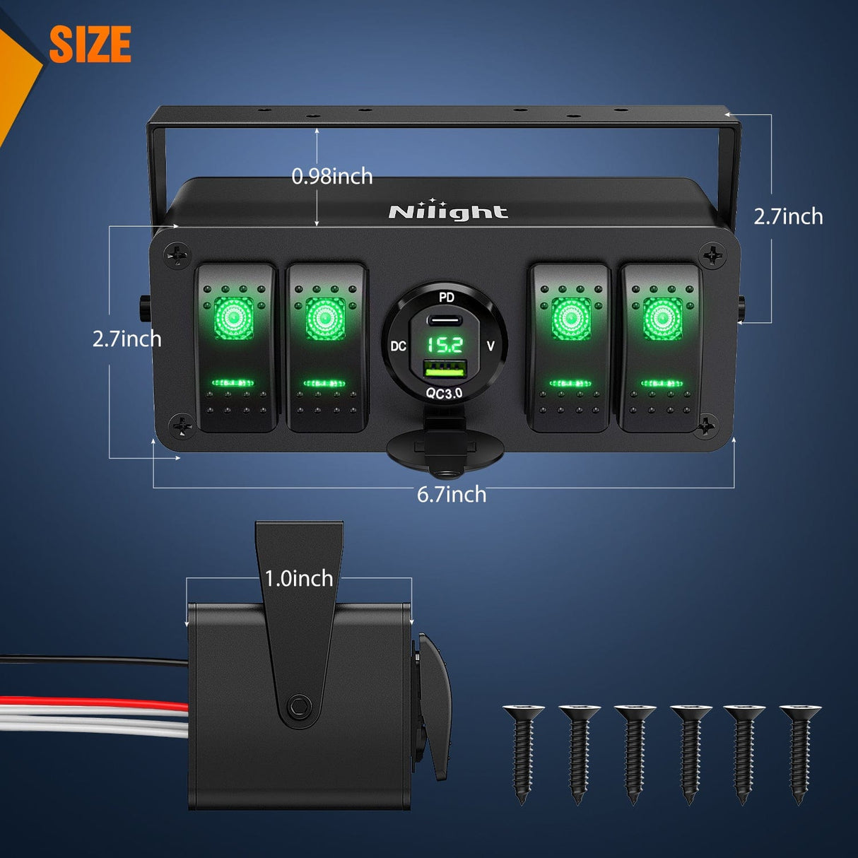 4Gang Aluminum ON/Off Rocker Switch Box w/ QC 3.0 Dual USB Charger Voltmeter