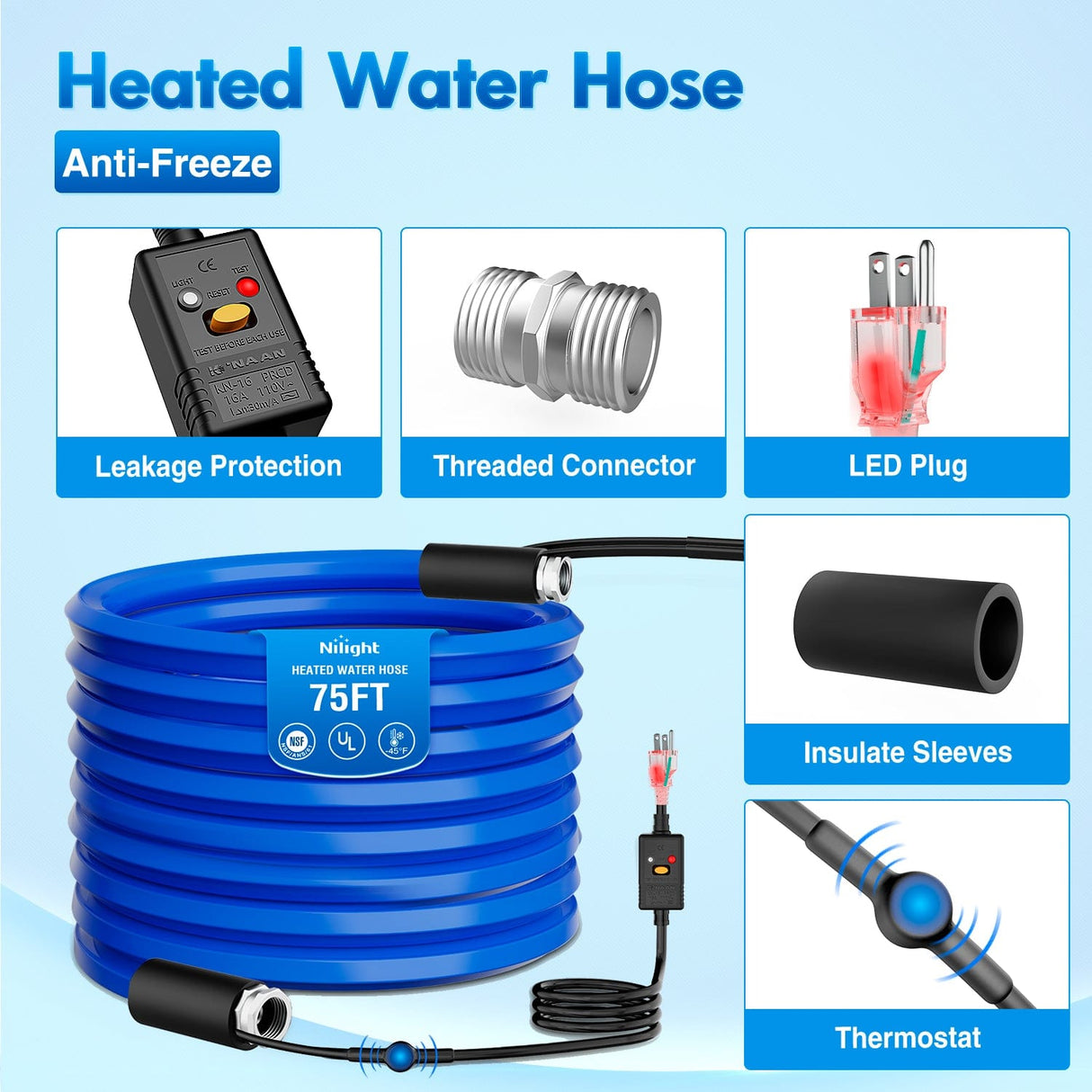 Nilight 75FT Heated Water Hose RV 5/8inch Inside Diameter -45°F Freeze Protaction Antifreeze Garden Drinking Hoses with Saving Thermostat and Smart Heat System for Winter Camper Supply Accessories