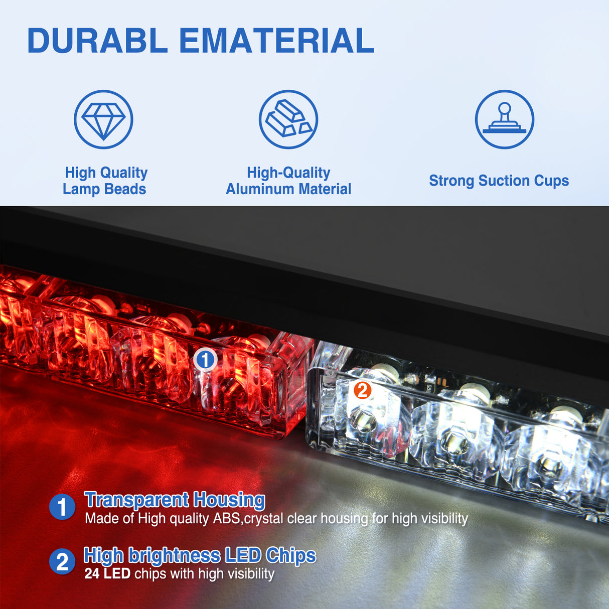 24LED Emergency Strobe Traffic Advisor Light Bar 2 in 1 Red White Dash Warning Safety Flashing Lights Front/Rear Windshield Construction Lights for Trucks Cars Plow Police Firefighter Vehicles