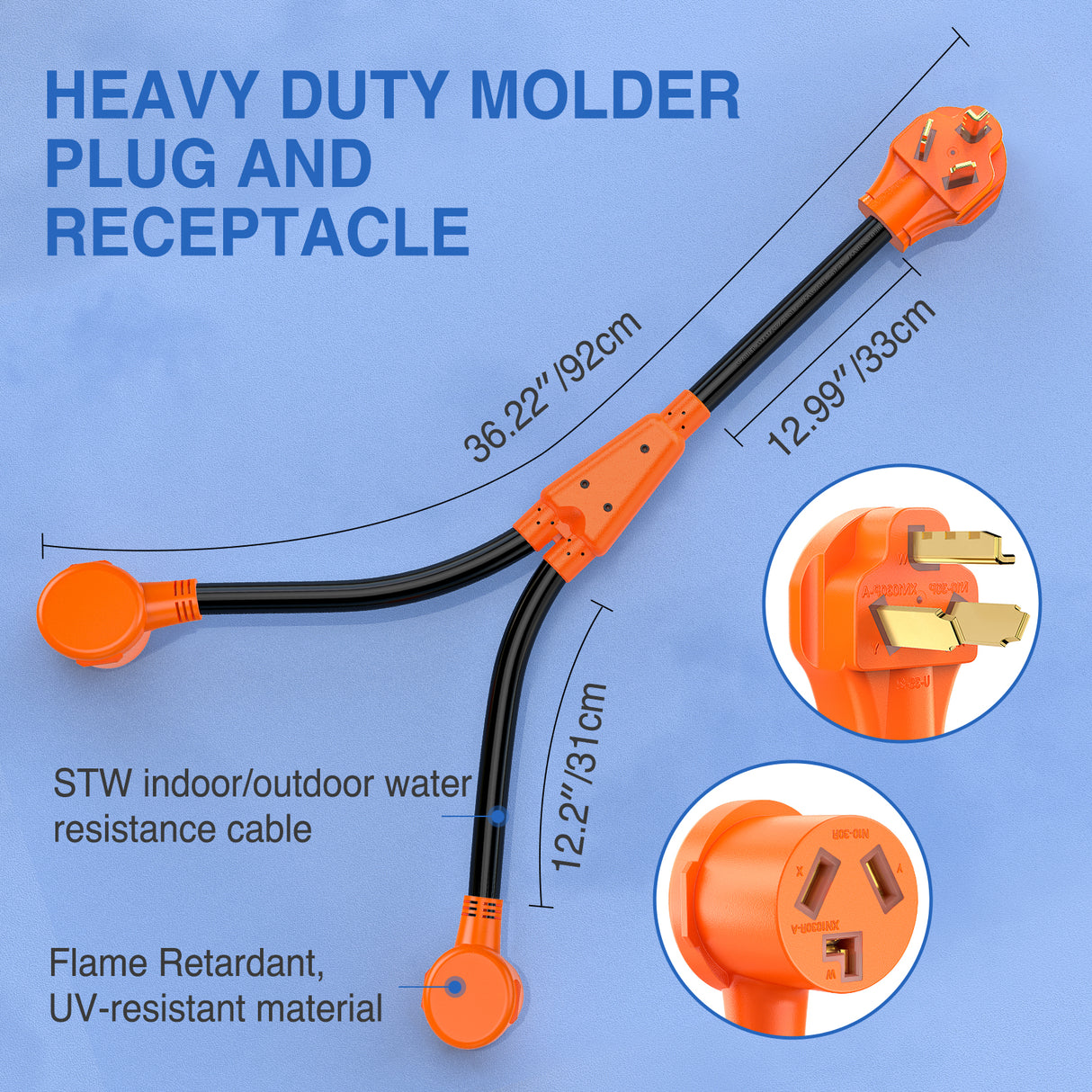 EV Dryer Y Splitter Adapter Cord 30 Amp Male Plug to Two 30Amp Female Receptacle 3 Prong 125V/250V 7500 Watt Pure Copper Conversion Heavy Duty STW 10 AWG Cable 10-30P 10-30R 30M/30F