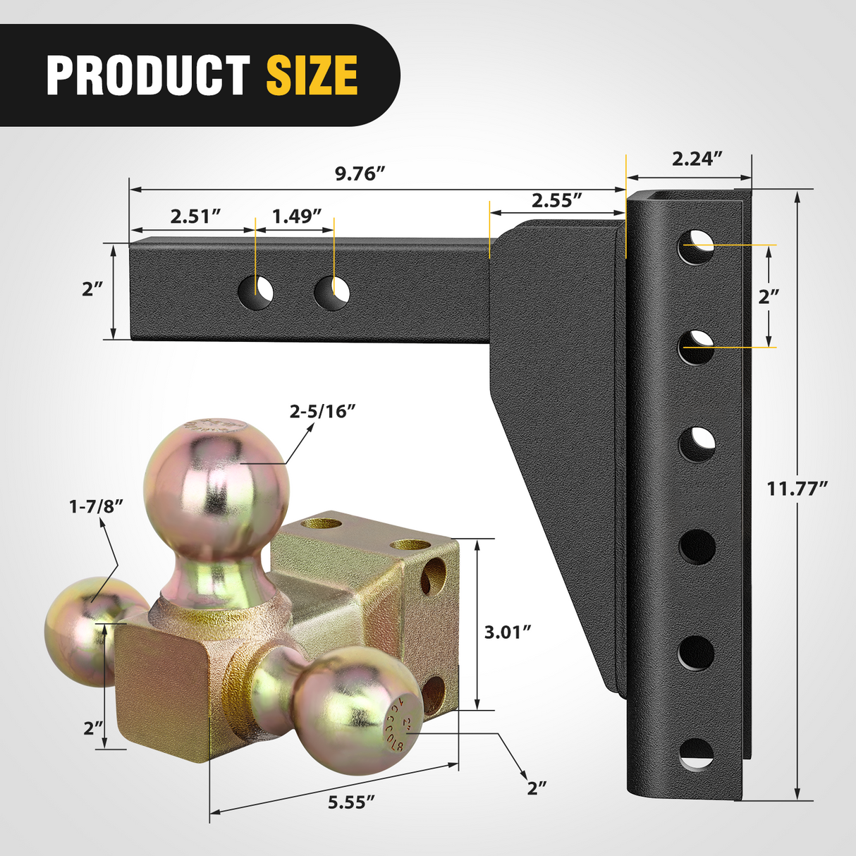 Nilight Adjustable Tri-Ball Trailer Hitch Mount 8 Inch Drop/Rise Hitch 1-7/8Inch 2Inch 2-5/16Inch Fits 2-Inch Receiver 15000lbs GTW for Heavy Duty Truck with Anti-Theft Pin