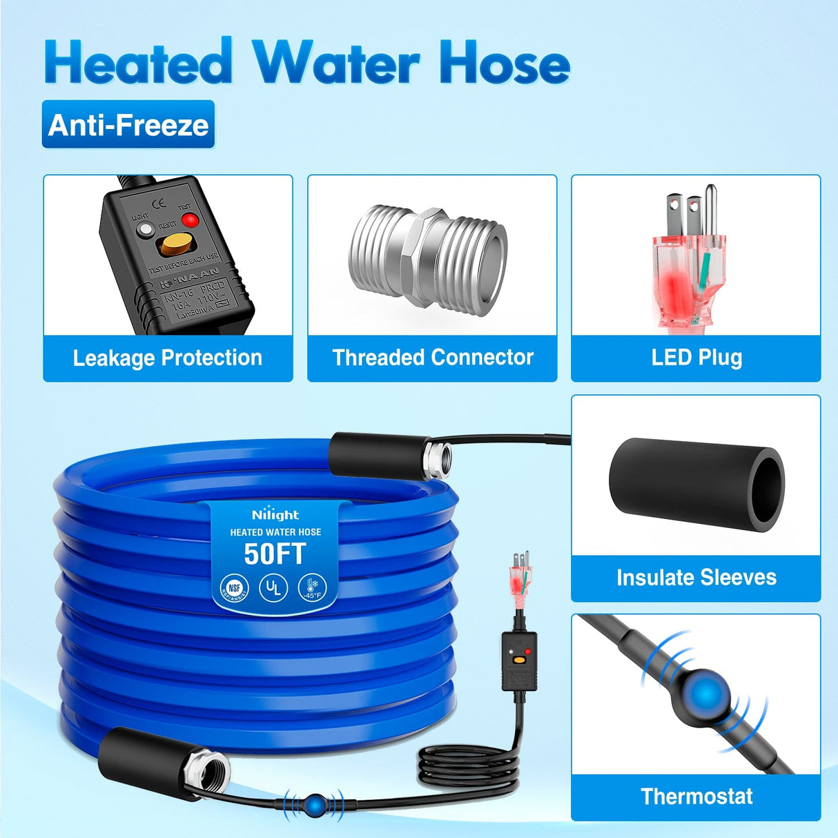 Nilight 50FT Heated Water Hose RV 5/8inch Inside Diameter -45°F Freeze Protaction Antifreeze Garden Drinking Hoses with Saving Thermostat and Smart Heat System for Winter Camper Supply Accessories