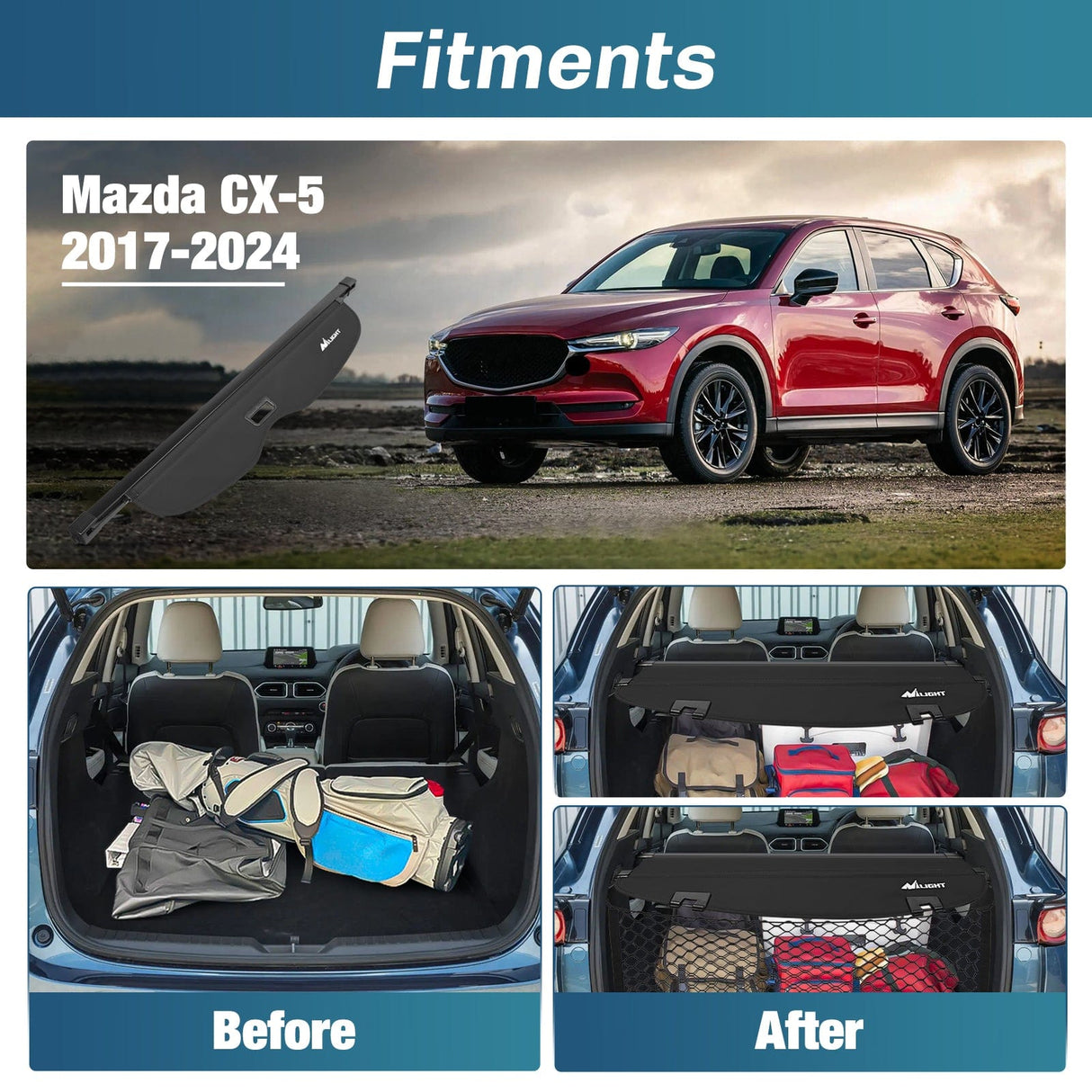 Nilight 2017-2025 Mazda CX-5 Retractable Trunk Cargo Cover With Trunk Storage Net