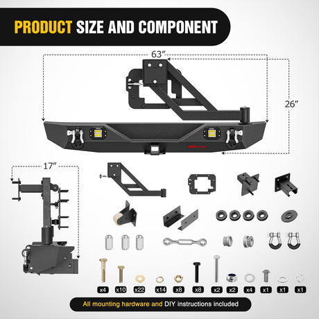 Front Bumper 2007 2008 2009 2010 2011 2012 2013 2014 2015 2016 2017 2018 Jeep Wrangler JK & Unlimited (2/4 Doors) Rear Bumper Hitch Receiver 2Pcs LED Lights Pods D-rings