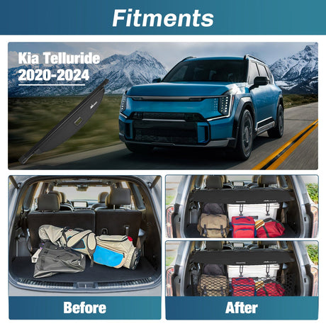 Nilight 2020-2025 Kia Telluride Retractable Trunk Cargo Cover With Trunk Storage Net