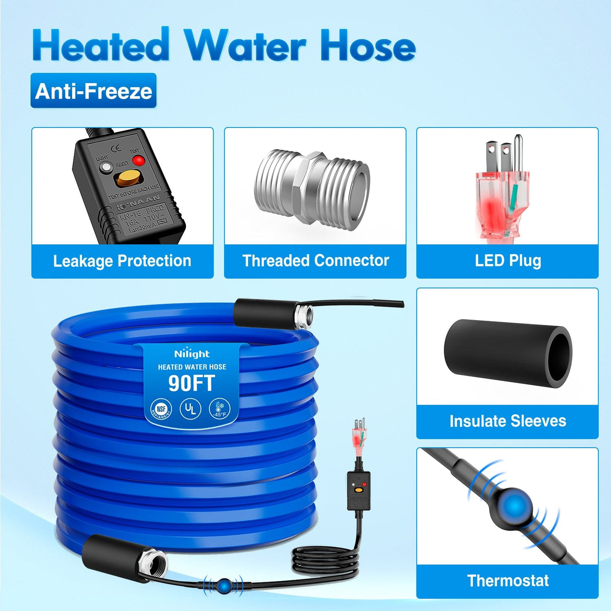Nilight 90FT Heated Water Hose RV 5/8inch Inside Diameter -45°F Freeze Protaction Antifreeze Garden Drinking Hoses with Saving Thermostat and Smart Heat System for Winter Camper Supply Accessories