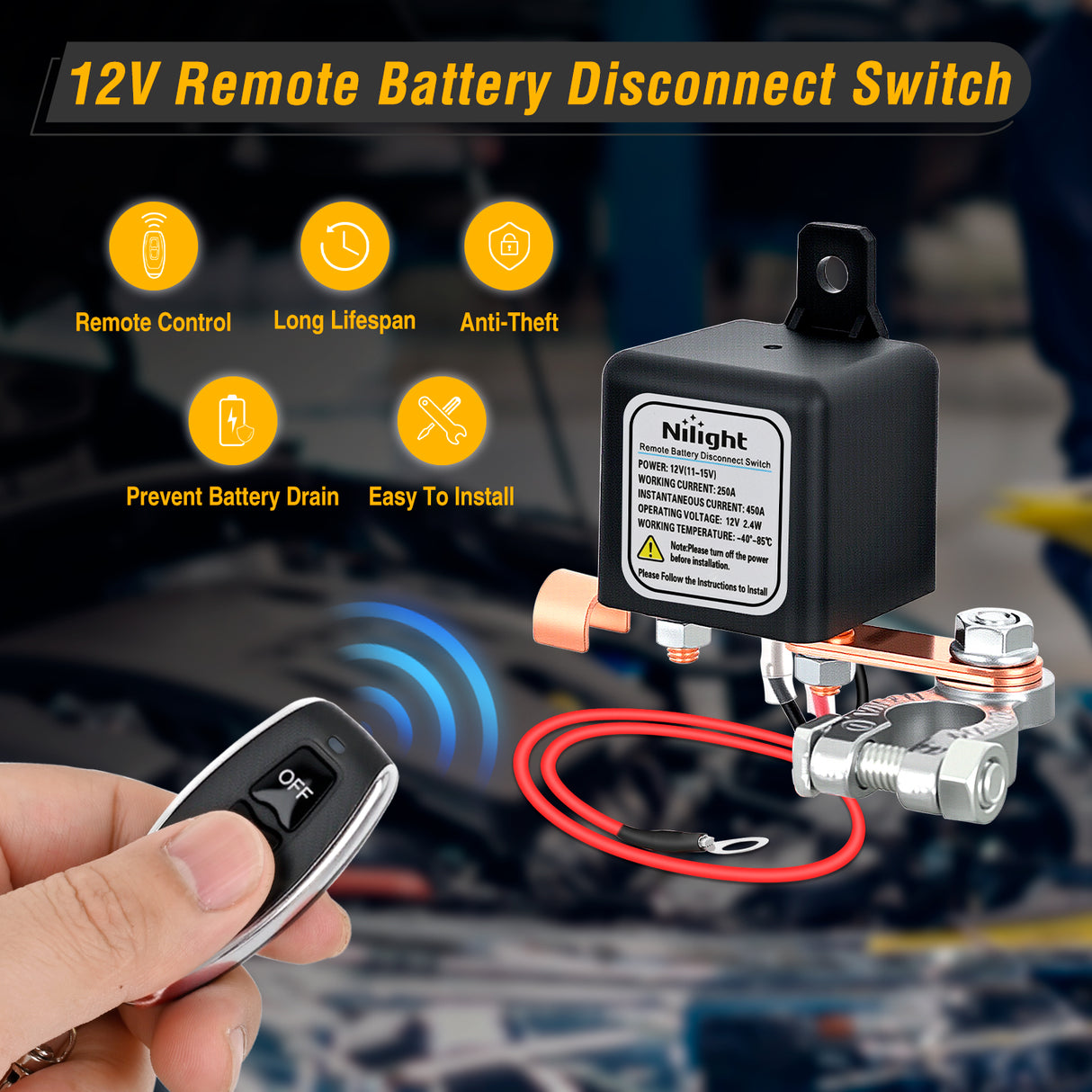 Remote Battery Disconnect Switch 12V 250A Car Anti-Theft Kill Switches Upgrade Prevent Power Drain with Wireless Remote Control Relay Fobs Black Negative Cable for Auto Truck RV Boat