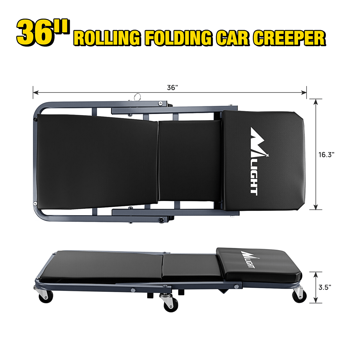 Creeper Seat 36inch Z Creeper - 2-in-1 Folding Rolling Mechanic Seat 36 inches Adjustable Lay-Down or Sit Garage Chair, 330 lbs Capacity, Grey Black