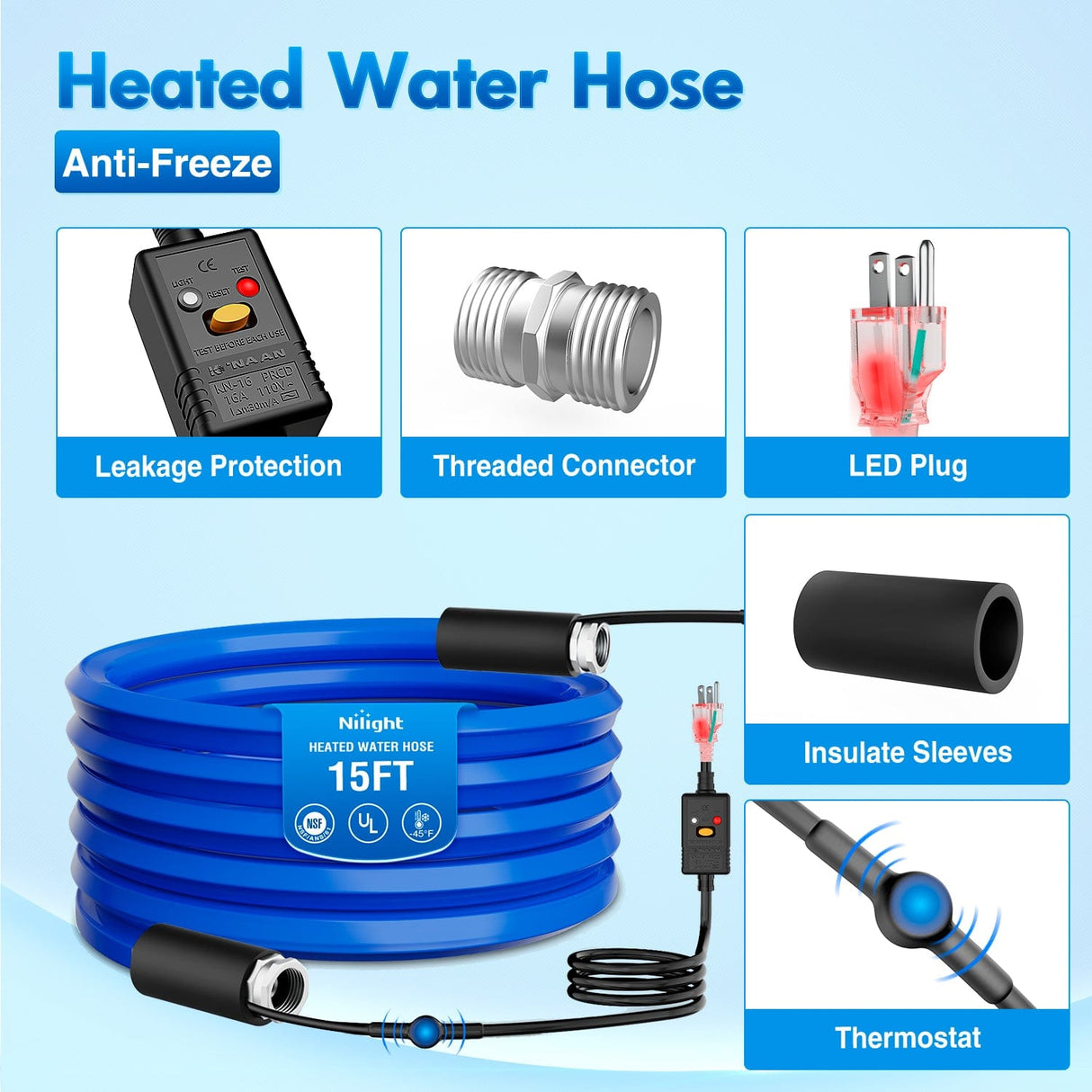 Nilight 15FT Heated Water Hose RV 5/8”Inside Diameter -45°F Freeze Protaction Antifreeze Garden Drinking Hoses with Saving Thermostat and Smart Heat System for Winter Camper Supply Accessories