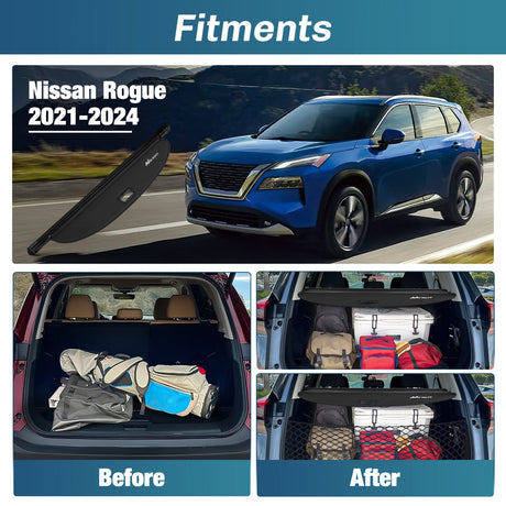 Nilight 2021 2022 2023 2024 2025 Nissan Rogue Retractable Trunk Cargo Cover With Trunk Storage Net