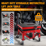 Motorcycle Lift Table Jack 300 LBS Heavy Duty Hydraulic Motorcycle Scissor Jack Lifts Table Foot Pedal with 4 Caster Wheels Wide Deck for Motorbike Dirt Bike ATV Garage Repair Tool, Red