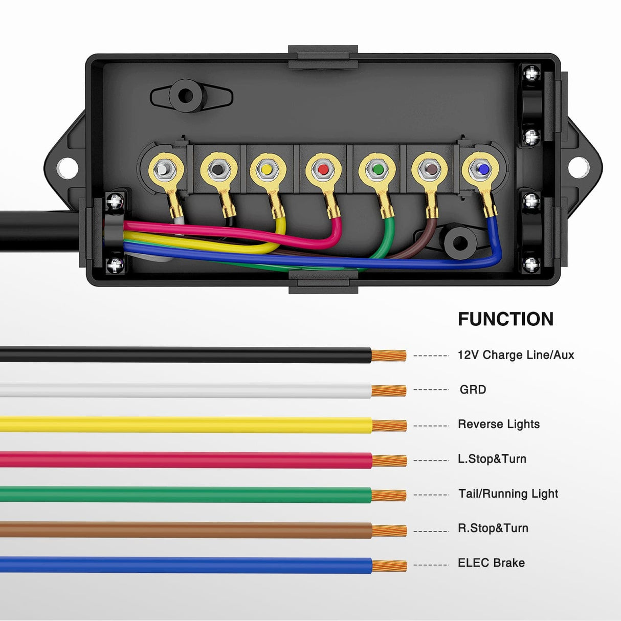12 Feet Heavy Duty 7 Way Inline Trailer Plug with 7 Gang Junction Box Nilight