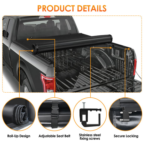 Nilight Soft Roll Up Truck Bed Tonneau Cover Compatible with Ram 1500 2009 2010 2011 2012 2013 2014 2015 2016 2017 2018,6.4ft