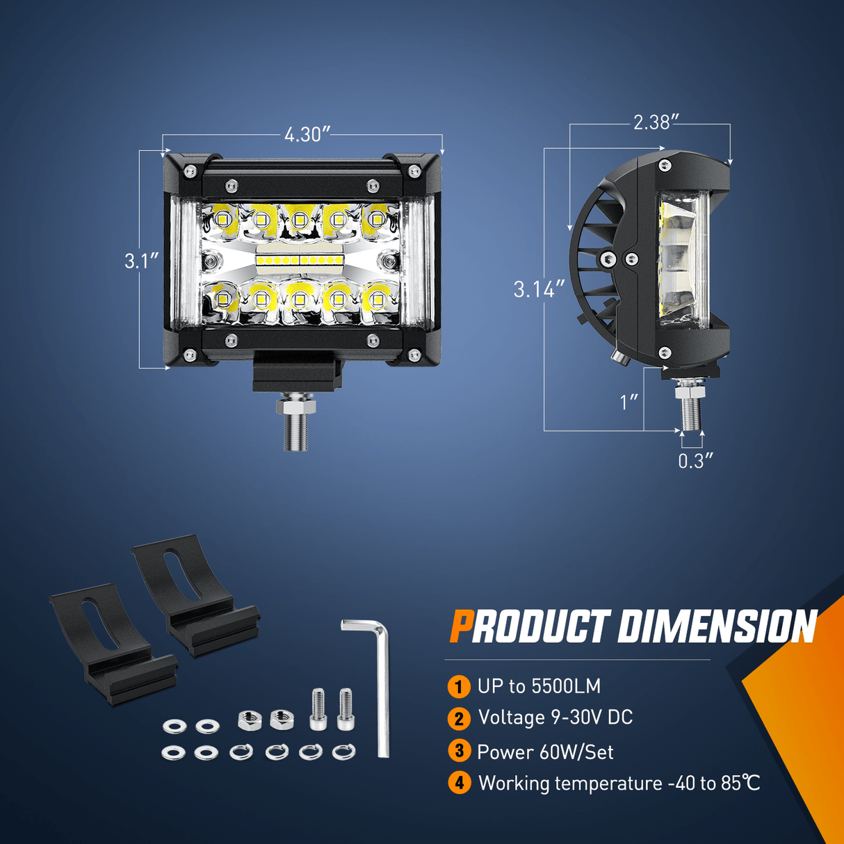 Side Shooter LED Light Bar 2PCS 4.3 Inch Triple Row Spot Flood Combo Lights Work Lighting with 5Pin Rocker Switch Wiring Harness Kit for Off Road Light on Truck SUV ATV UTV