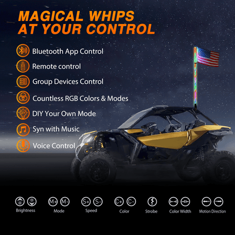 Nilight RGB Whip Light 1PC 5FT Lighted Antenna Whips with Remote & App Control DIY Chasing Patterns Brake Reverse Lights for ATV UTV Polaris RZR Can-am Dune Buggy Pickup Trucks Jeep