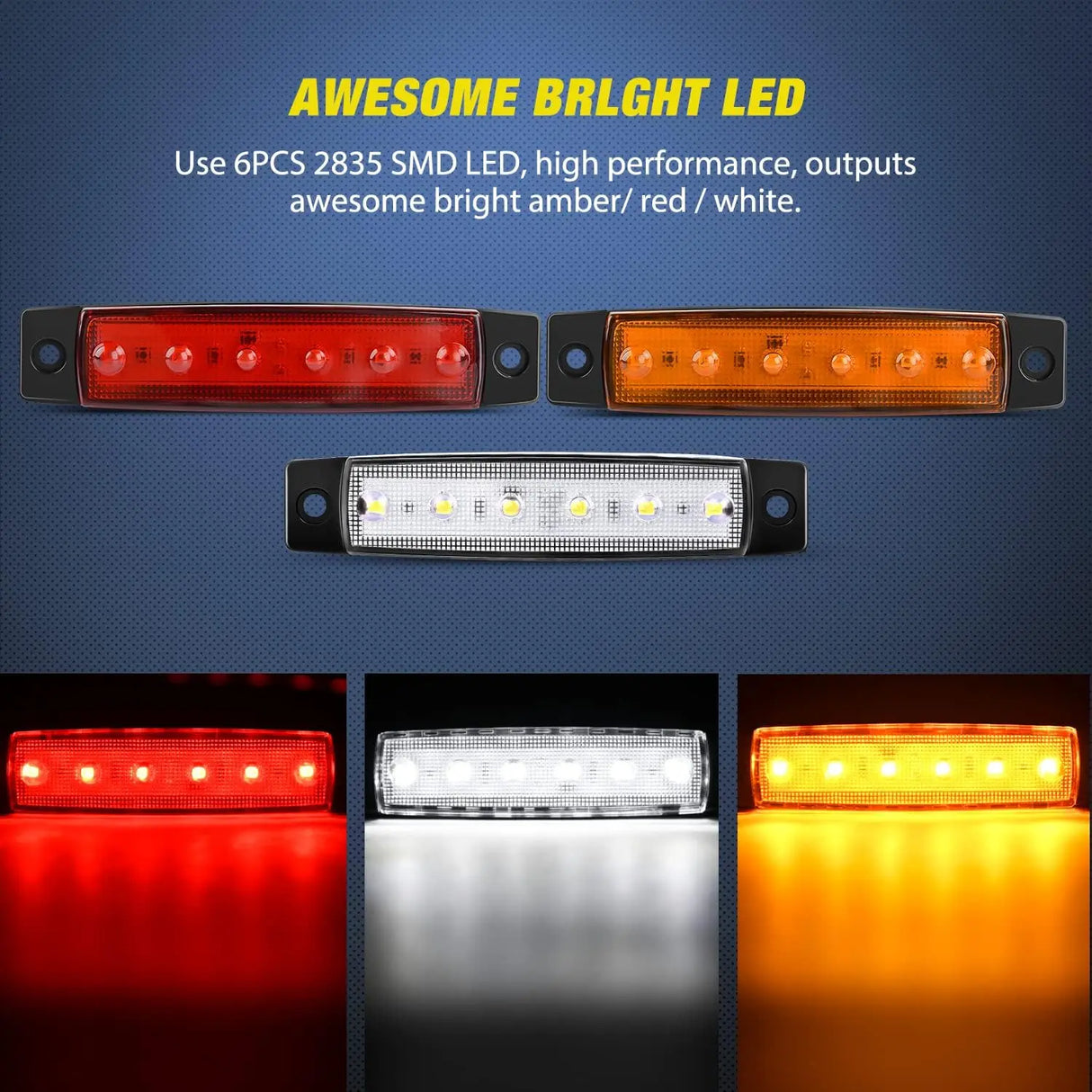 3.8 Inch 6 LEDs Amber Red White Side Marker Lights (30 Pcs) Nilight