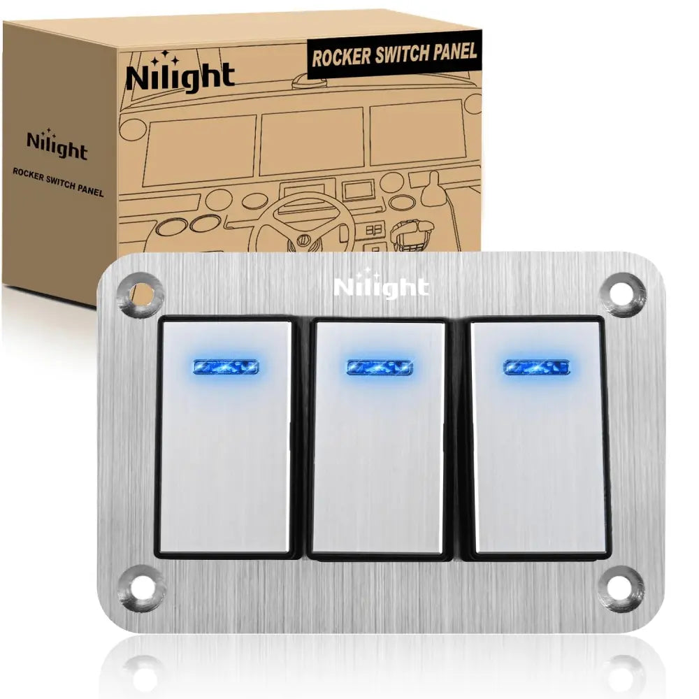 3Gang Aluminum 3Pin ON/Off Blue Led Rocker Switch Panel - Nilight