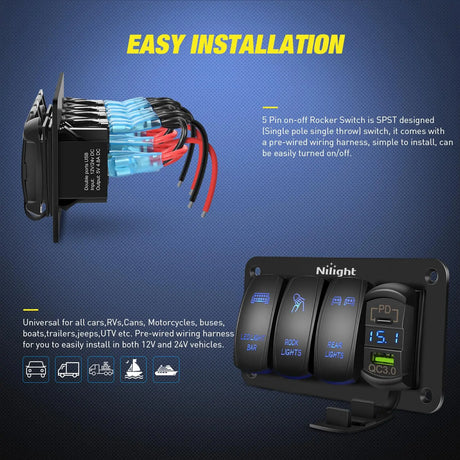 3Gang Led Light Bar/Rear Lights/Rock Lights 5Pin ON/Off Rocker Switch Panel Blue W/ PD Type C and USB Charger Voltmeter Nilight