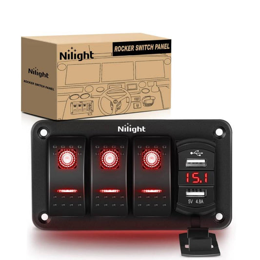3Gang Aluminum 5Pin ON/Off Red Rocker Switch Panel w/ 4.8 Amp Dual USB Charger Voltmeter Nilight