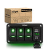 Rocker Switch 3Gang Aluminum 5Pin ON/Off Green Rocker Switch Panel w/ 4.8 Amp Dual USB Charger Voltmeter