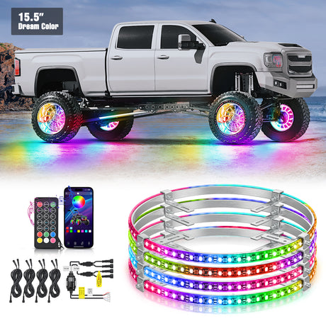 Nilight 4PCS 15.5inch Wheel Ring Lights Deram Color with APP and Remote Control Neon Lights Million Colors w/Turn Signal and Braking Function for Car Van SUV Truck