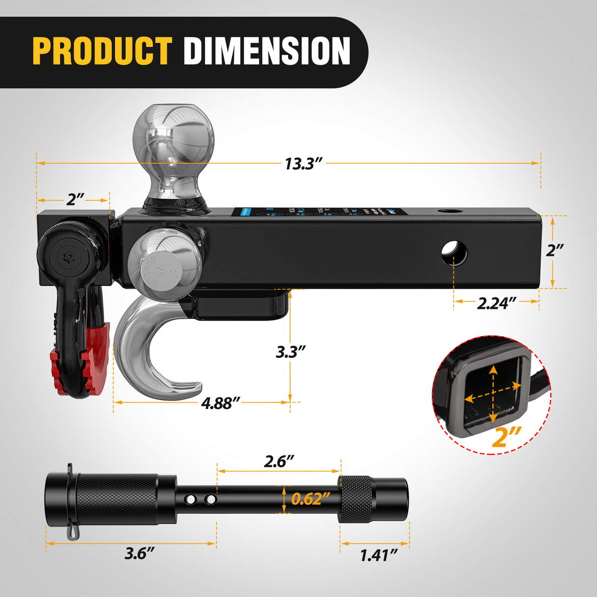Trailer Hitch Tri-Ball Mount with Hook and Rotatable Tow Anti-Theft 3/4Inch Shackle Fits for 2inch Receiver Ball Size 1-7/8Inch 2Inch 2-5/16Inch GTW from 5000lbs to 10000lbs for RV SUV ATV Truck