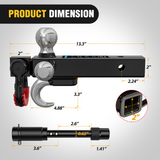 Trailer Hitch Tri-Ball Mount with Hook and Rotatable Tow Anti-Theft 3/4Inch Shackle Fits for 2inch Receiver Ball Size 1-7/8Inch 2Inch 2-5/16Inch GTW from 5000lbs to 10000lbs for RV SUV ATV Truck
