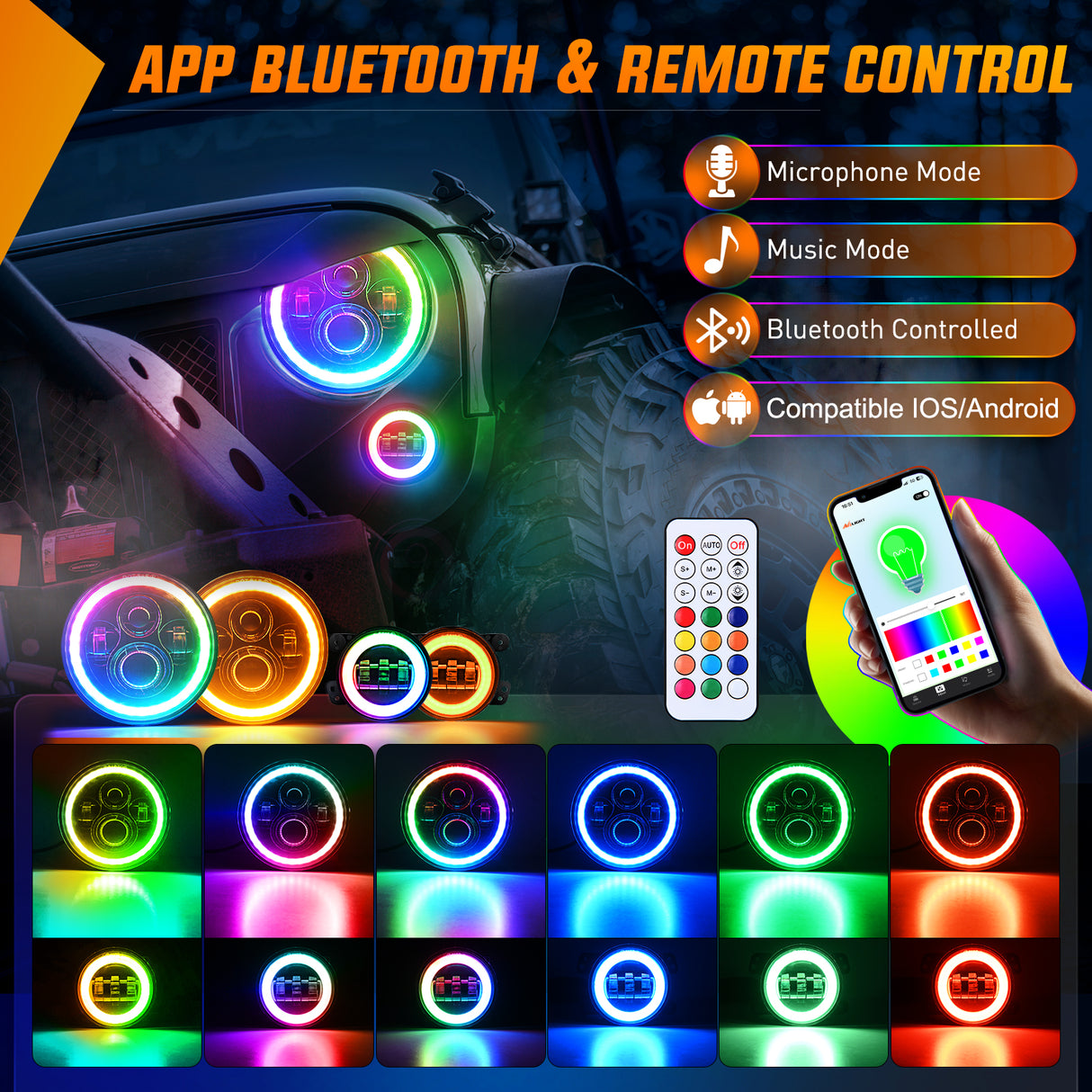 Headlight Assembly 7 Inch RGB LED Headlight and 4 Inchs Fog Light w/Turn Signal APP Remote Control Round Headlights Compatible with 2007 2008 2009 2010 2011 2012 2013 2014 2015 2016 2017 2018 Wrangler JK JKU