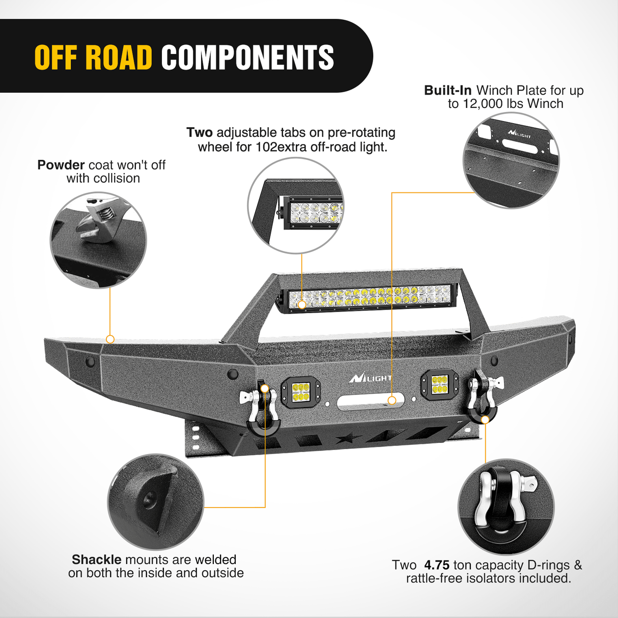 2007-2014 Toyota FJ Cruiser Front Bumper Winch Plate Offroad 120W Light Bar 18W LED Light Pods 2 D-Rings