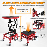 Motorcycle Lift Table Jack 300 LBS Heavy Duty Hydraulic Motorcycle Scissor Jack Lifts Table Foot Pedal with 4 Caster Wheels Wide Deck for Motorbike Dirt Bike ATV Garage Repair Tool, Red