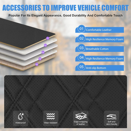 Car Seat Cushion Cover Black Leather Front Seats with Wings Waterproof and Anti-Slip with Storage Bag Wrapped Bottom Suitable for Cars Sedan Van SUV Truck