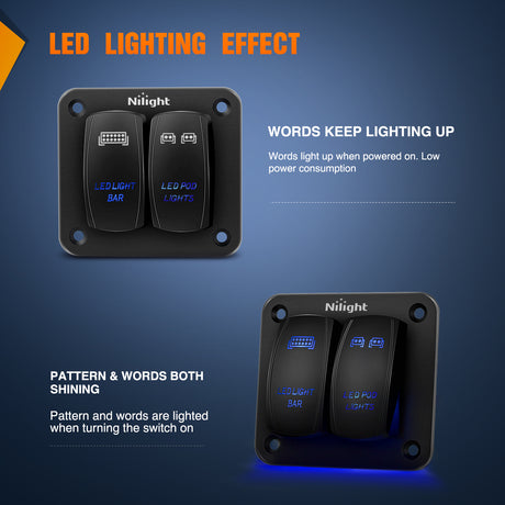 Nilight 90423B 2Gang Aluminum Laser LED Light Bar Rocker 12/24V 5Pin ON/Off Pre-Wired LED POD Lights Toggle Switch Panel with Blue LED for Marine Boat Car ATV UTV