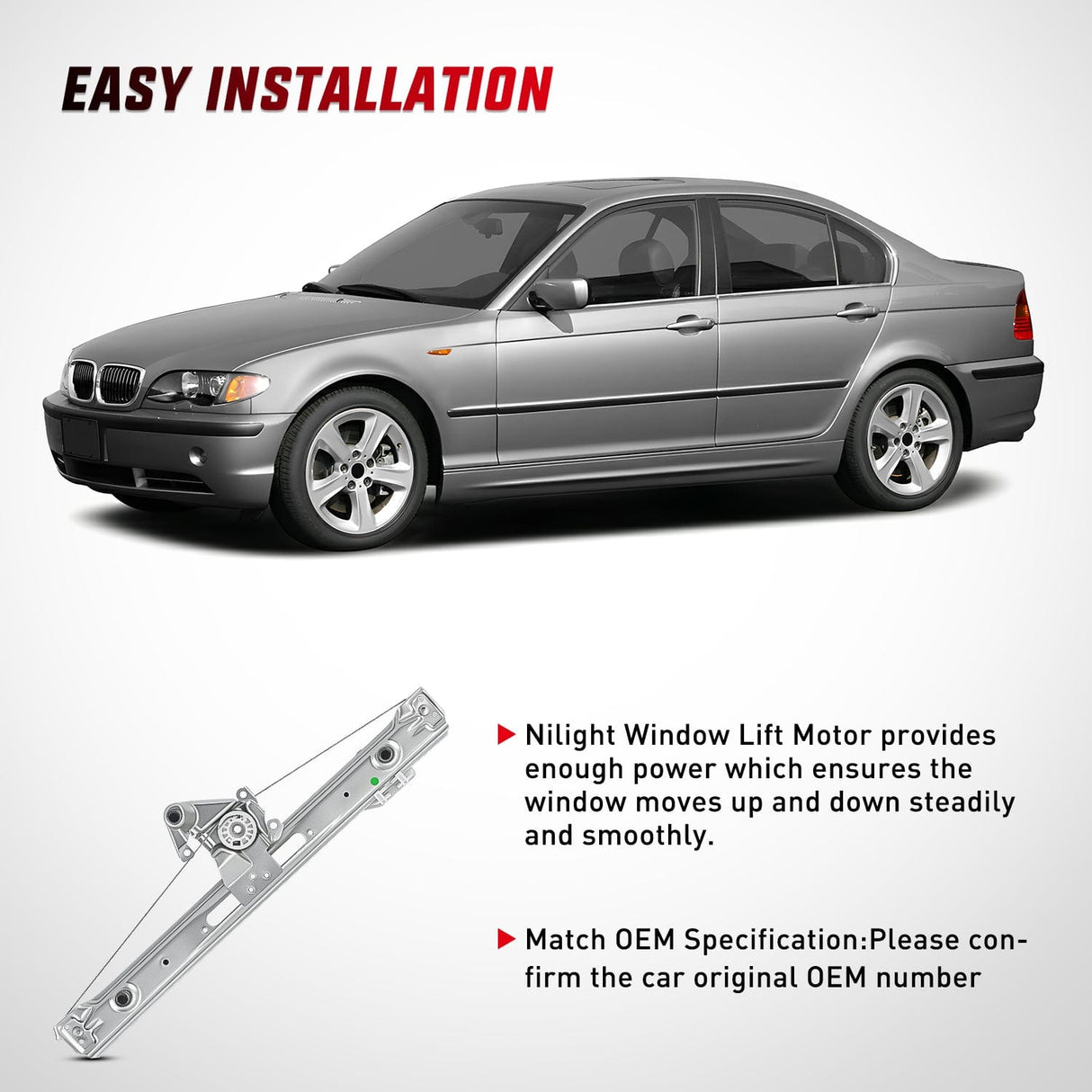 Nilight 740-480 Rear Driver Side Window Regulator with Motor, Compatible with 1999–2005 BMW E46 323i 328i 325i 325xi 330i 330xi (Sedan/Wagon Only), Power Window Lift Assembly, OE Replacement