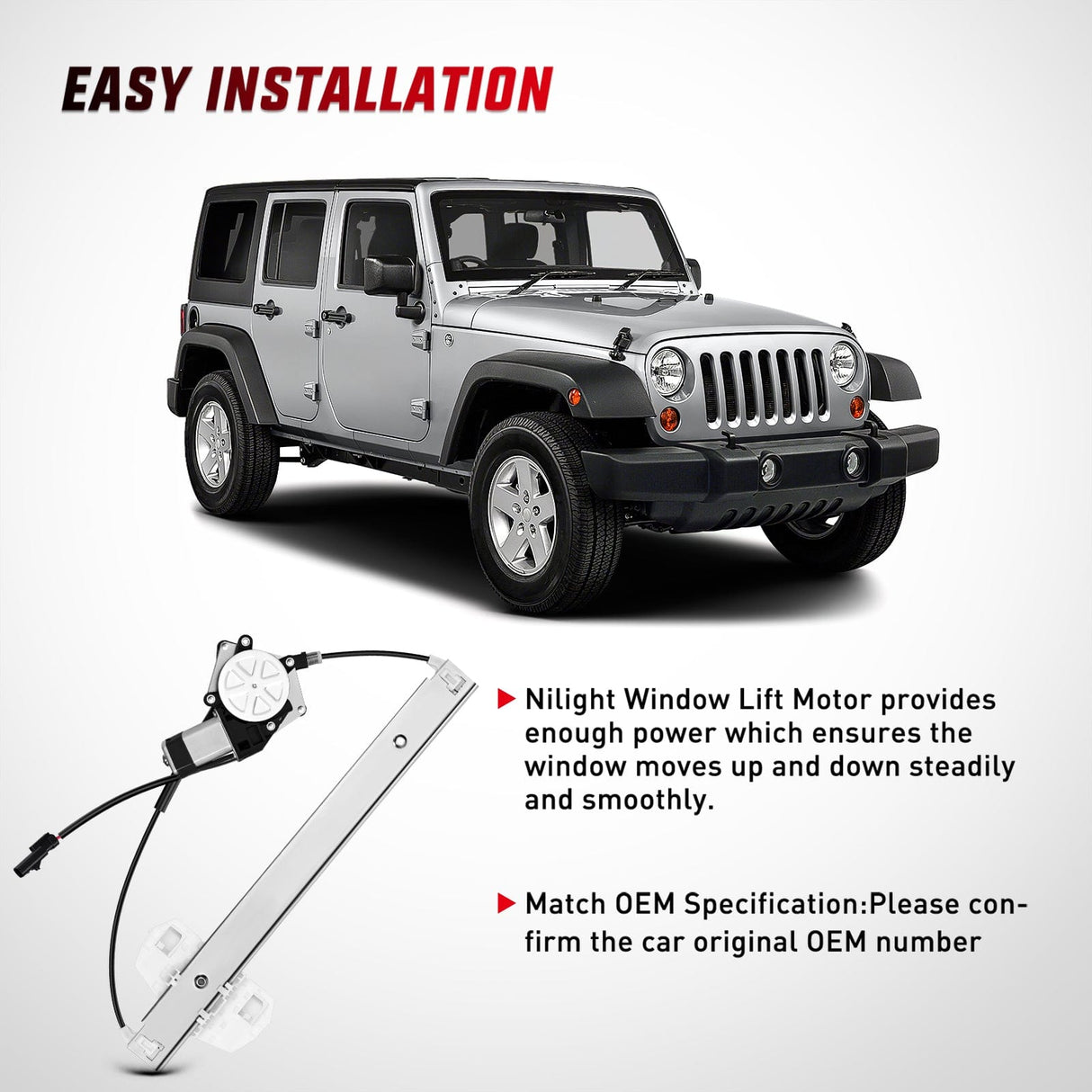 Nilight 748-913 Window Regulator and Motor Front Passenger Side Compatible with Jeep Wrangler 2007-2017 Sport Utility,Wrangler JK 2018 Sport Utility 2010 2011 2012 2013 2014 2015 2016 2017