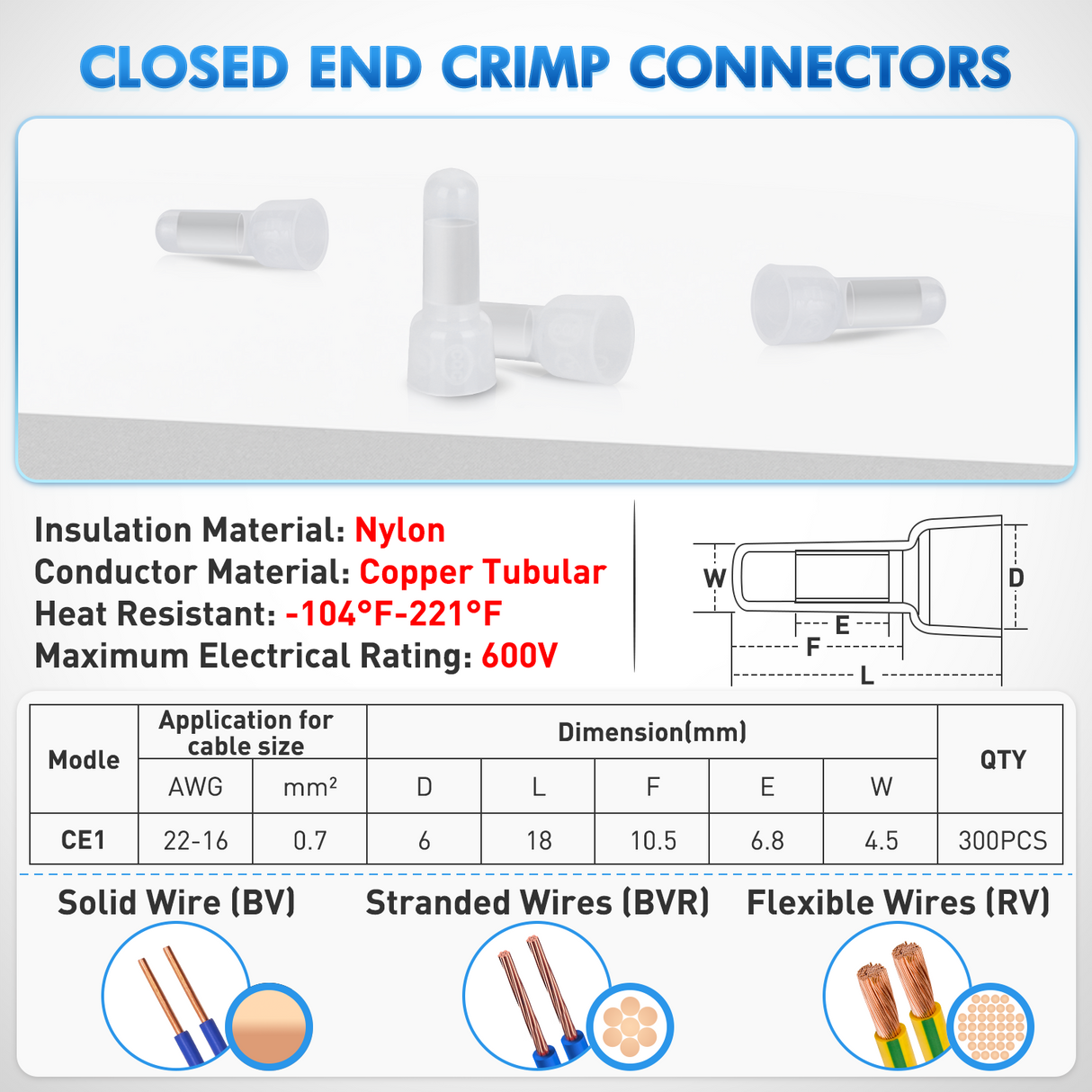 Nilight 300PCS CE1 Closed End Crimp Terminal 22-16 Gauge Nylon Insulated Closed End Wire Cap Wire Connectors Crimp Cap Terminals Connectors for Automotive Car Truck Boats Marine Electrical Wiring
