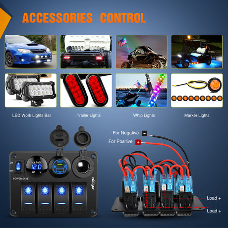 Nilight 4 Gang Rocker Switch Panel Waterproof Pre-Wired Aluminum Power Control Marine Panels with PD Type C and USB Cigarette Lighter Socket Voltmeter 12V 24V ON Off Switches for Car Trucks Boats RVs