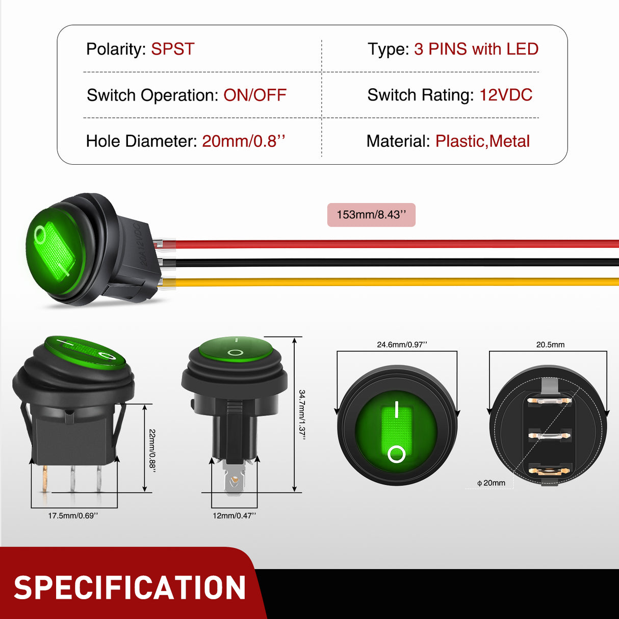 Nilight 5Pcs Waterproof Round Rocker Toggle Green LED Switch 12V 20A 3 Pin ON Off SPST for Car Truck Boat Marine Automotive RV with Locked Terminal Wires