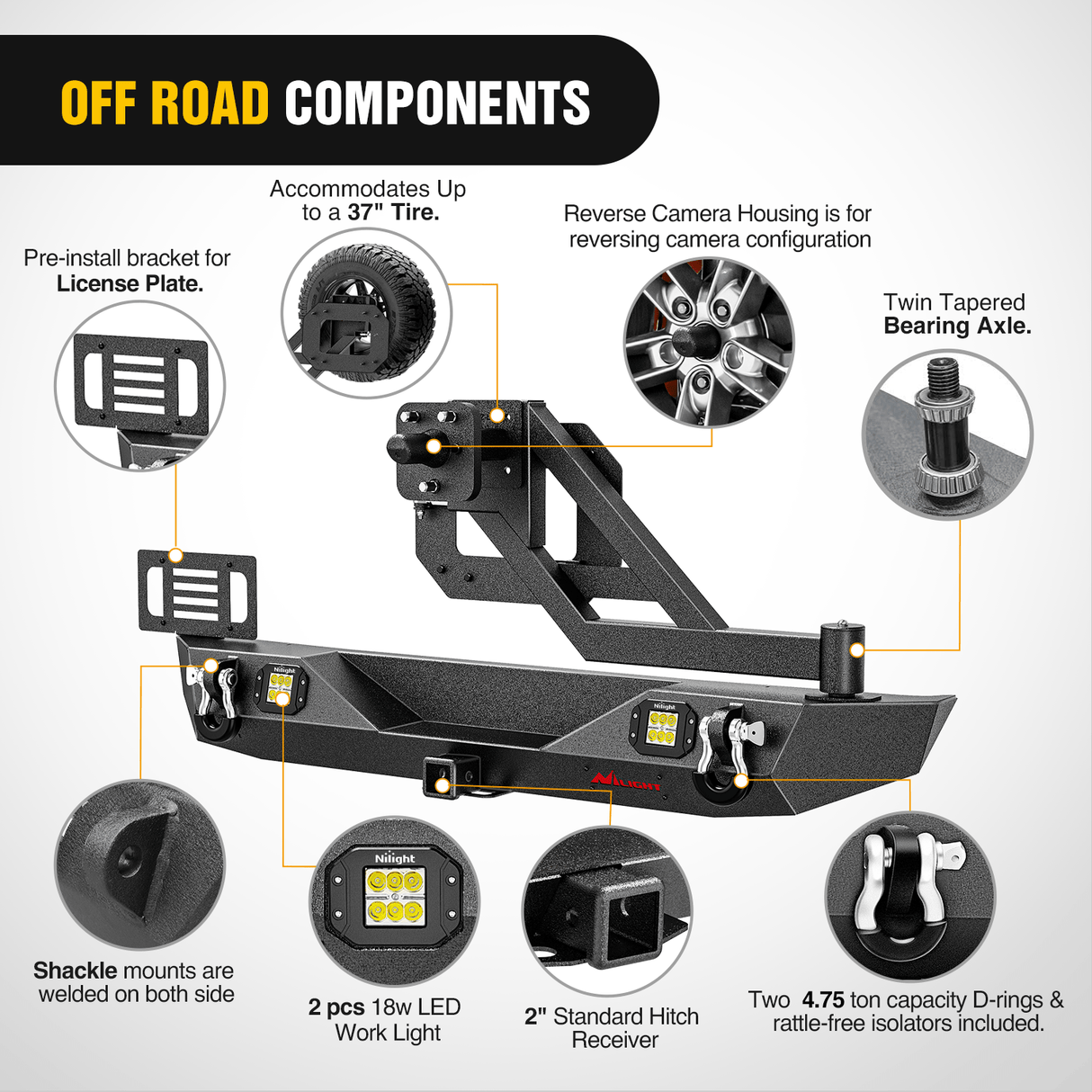 Front Bumper 2018 2019 2020 2021 2022 2023 2024 Jeep Wrangler JL JLU Unlimited (2/4 Doors) Rear Bumper Spare Tire Carrier 2inch Hitch Receiver License Plate Bracket 2 LED Lights D-rings