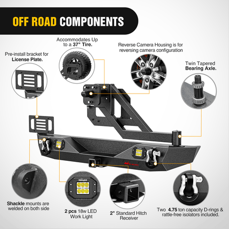 Front Bumper 2018 2019 2020 2021 2022 2023 2024 Jeep Wrangler JL JLU Unlimited (2/4 Doors) Rear Bumper Spare Tire Carrier 2inch Hitch Receiver License Plate Bracket 2 LED Lights D-rings