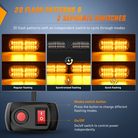 Nilight 4PCS LED Strobe lights 12V 24V Sync Feature Amber 24LED Emergency Hazard Warning Lights with Controller Hard Wire or Cigarette Lighter Plug for Car Truck RVs Campers